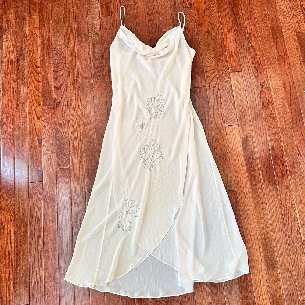 Vintage Delicates Ivory Beaded Embellished Asymmetrical Cowl‎ Neck Sheer Dress